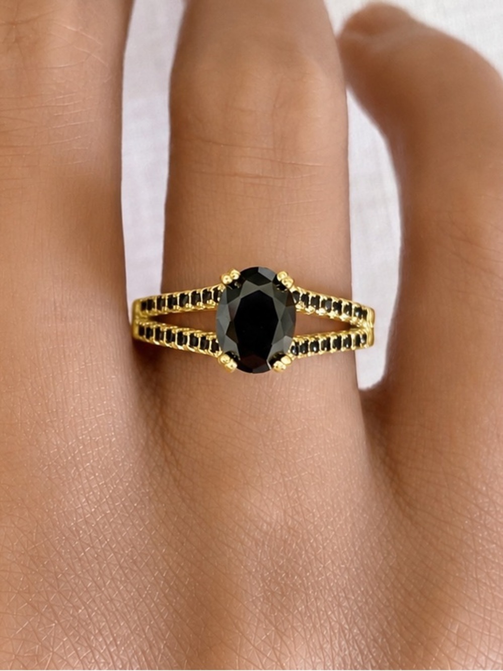 Yellow Gold Oval Black CZ Split Shank Pave Band Sterling Silver Women’s Ring
